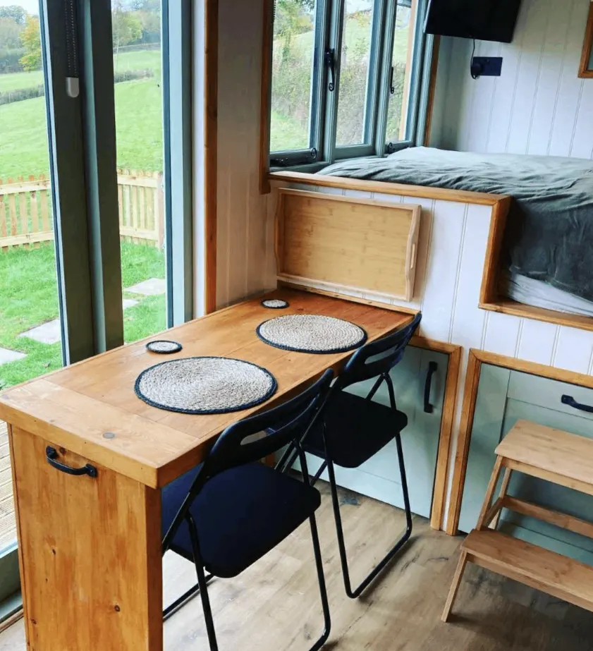 Timber fittings in a compact tiny house interior